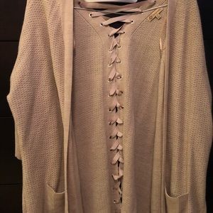 Gorgeous Tan Cardigan with ribbon laced design